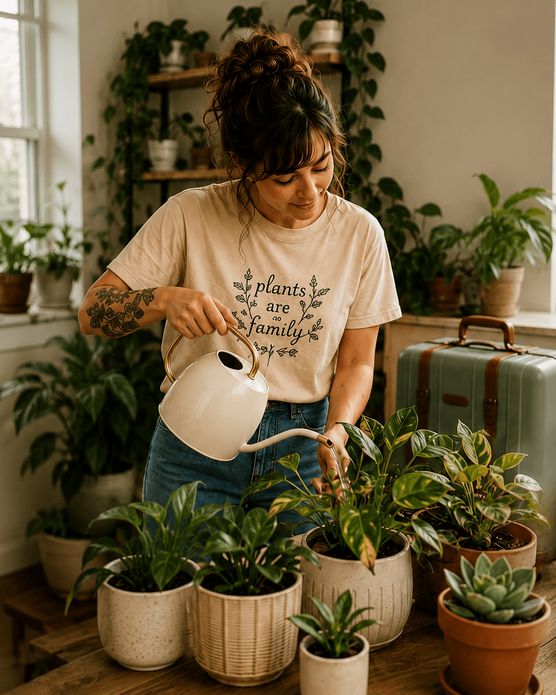 Plant sitter watering a collection of houseplants while the owner is away