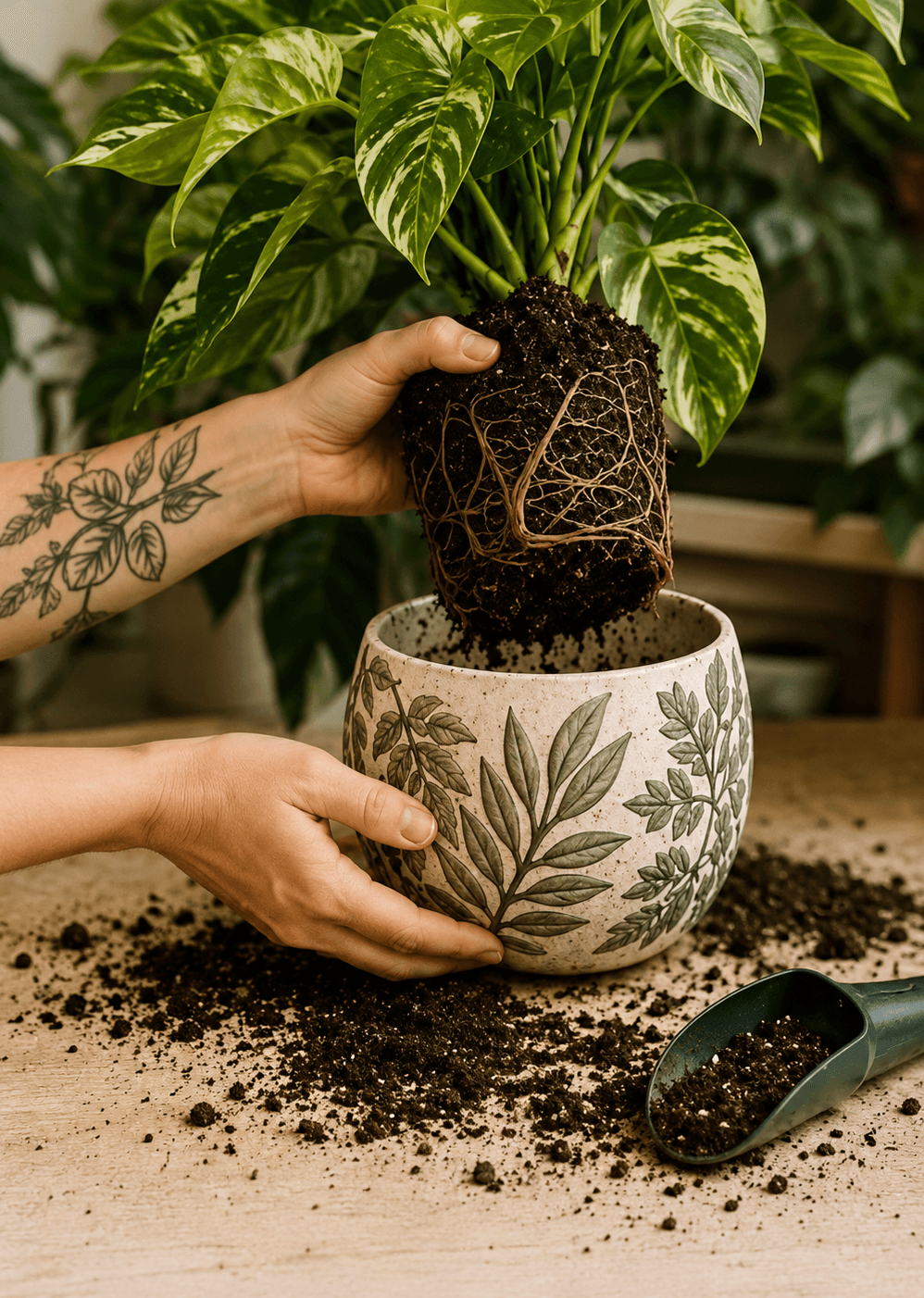 Houseplant receiving hands-on root care and repotting