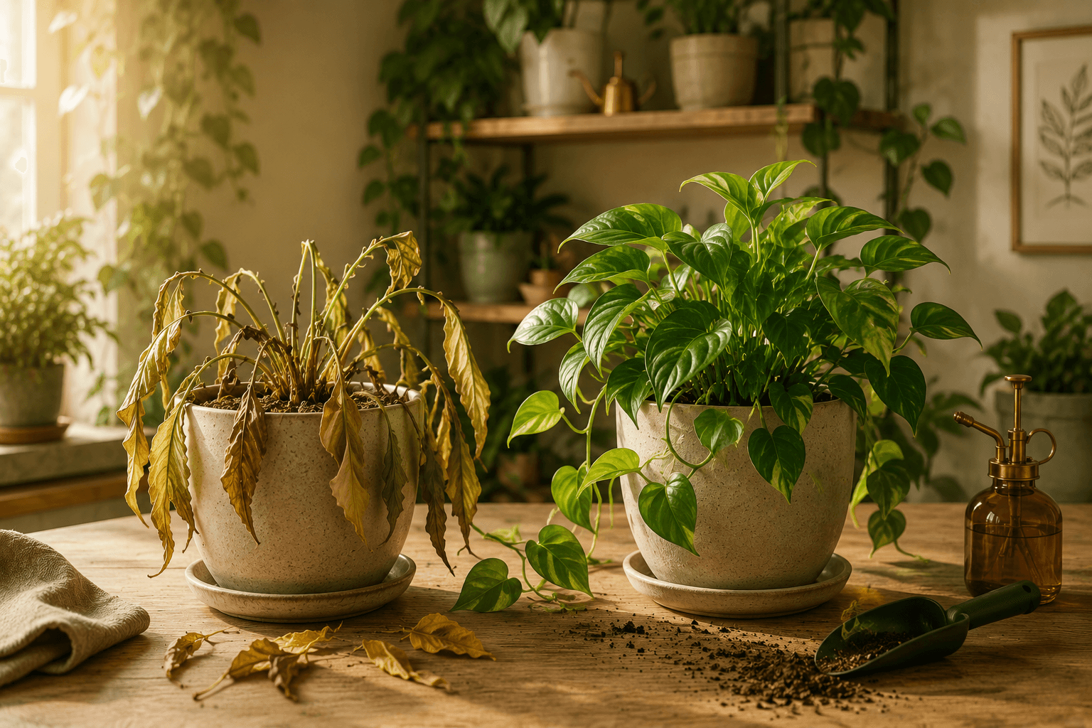 Struggling houseplant shown beside a healthy thriving plant
